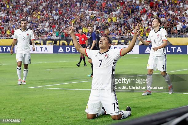Carlos Bacca of Colombia celebrates his first half goal against the United States during the 2016 Copa America Centenario third place match at...