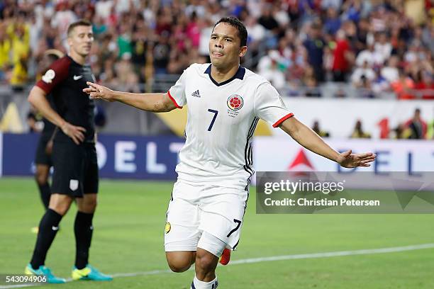 Carlos Bacca of Colombia celebrates his first half goal ahead of Matt Besler of United States during the 2016 Copa America Centenario third place...