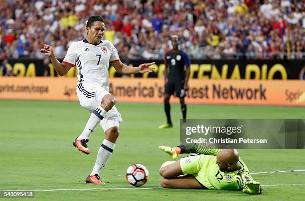 Carlos Bacca of Colombia has his shot blocked by goalkeeper Tim Howard of United States during the first half of the 2016 Copa America Centenario...