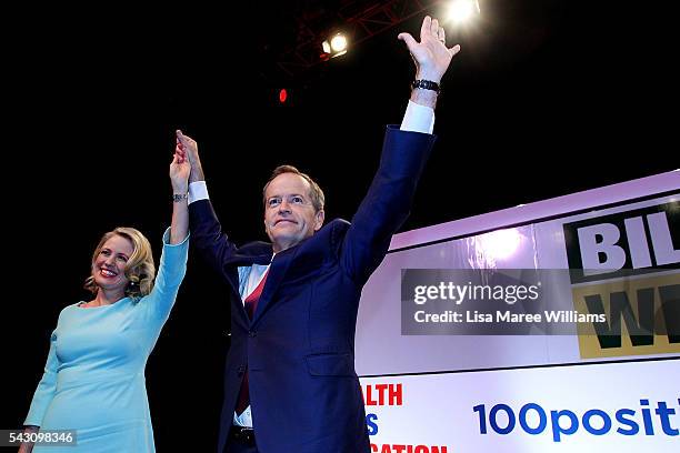 Leader of the Opposition, Australian Labor Party Bill Shorten and wife Chloe Shorten raise their arms in the air during the Queensland Labor Campaign...