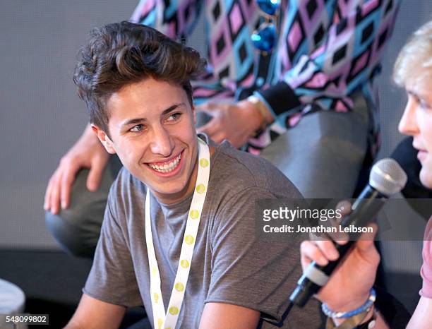 Actor Juanpa Zurita speaks onstage during "Airplane Mode" at the Samsung Creator's Lounge At VidCon 2016 on June 23, 2016 in Anaheim, California.