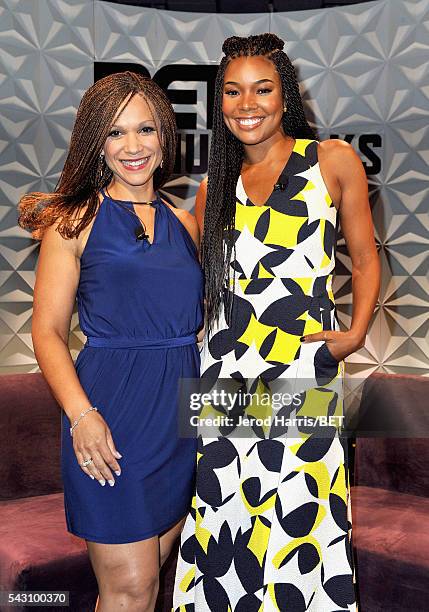 Writer/professor Melissa Harris-Perry and actress Gabrielle Union pose during the Genius Talks sponsored by AT&T during the 2016 BET Experience on...