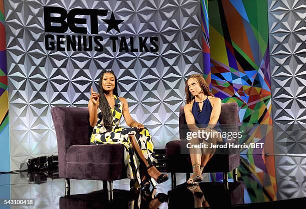 Actress Gabrielle Union and writer/professor Melissa Harris-Perry speak onstage during the Genius Talks sponsored by AT&T during the 2016 BET...