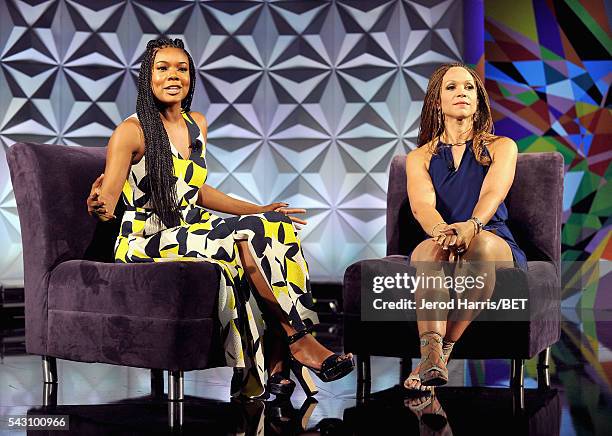 Actress Gabrielle Union and writer/professor Melissa Harris-Perry speak onstage during the Genius Talks sponsored by AT&T during the 2016 BET...