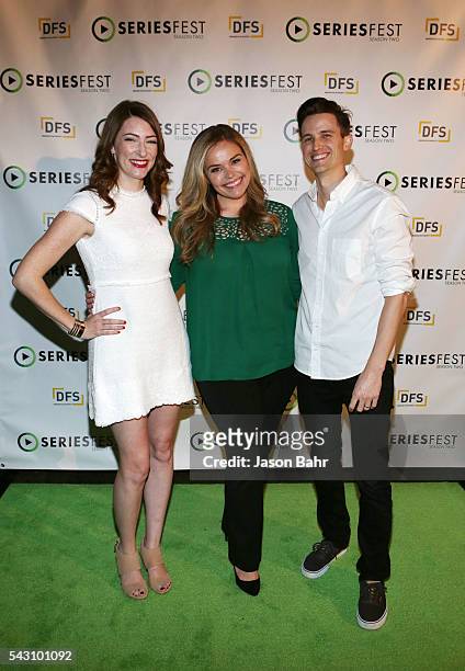 Katy Colloton, Kate Lambert, and Brad Gardner arrive to SeriesFest: Season Two for the 'From Web to TV: Teachers Case Study' panel at Sie FilmCenter...