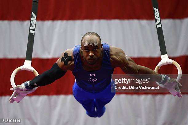 Donnell Whittenburg competes on the rings during day two of the 2016 Men's Gymnastics Olympic Trials at Chafitz Arena on June 25, 2016 in St. Louis,...