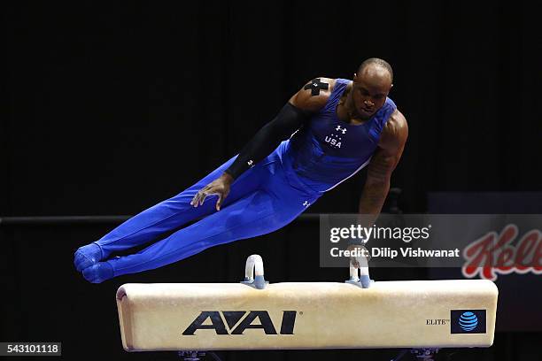 Donnell Whittenburg competes on the pommel horse during day two of the 2016 Men's Gymnastics Olympic Trials at Chafitz Arena on June 25, 2016 in St....