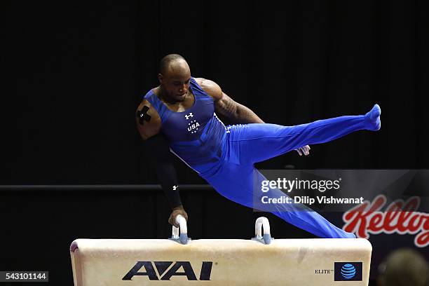 Donnell Whittenburg competes on the pommel horse during day two of the 2016 Men's Gymnastics Olympic Trials at Chafitz Arena on June 25, 2016 in St....