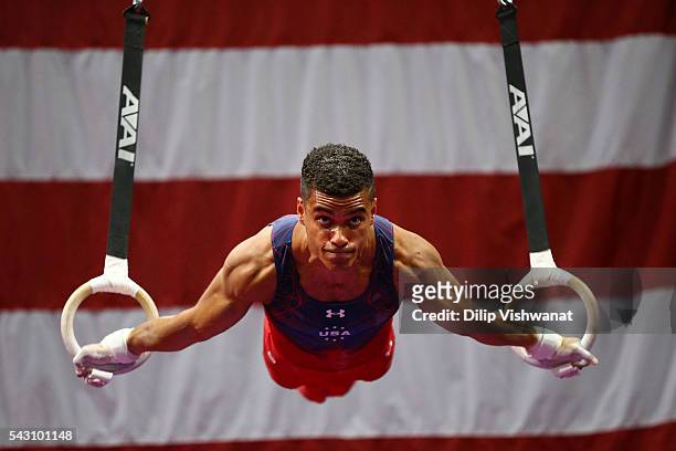 Donothan Bailey competes on the rings during day two of the 2016 Men's Gymnastics Olympic Trials at Chafitz Arena on June 25, 2016 in St. Louis,...