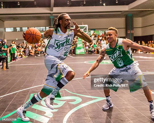 Rapper Snoop Dogg participates in the celebrity basketball game presented by Sprite during the 2016 BET Experience on June 25, 2016 in on June 25,...