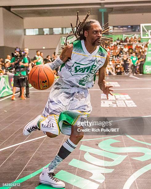 Rapper Snoop Dogg participates in the celebrity basketball game presented by Sprite during the 2016 BET Experience on June 25, 2016 in on June 25,...