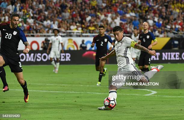 Colombia's James Rodriguez kicks during the Copa America Centenario third place football match against the USA in Glendale, Arizona, United States,...