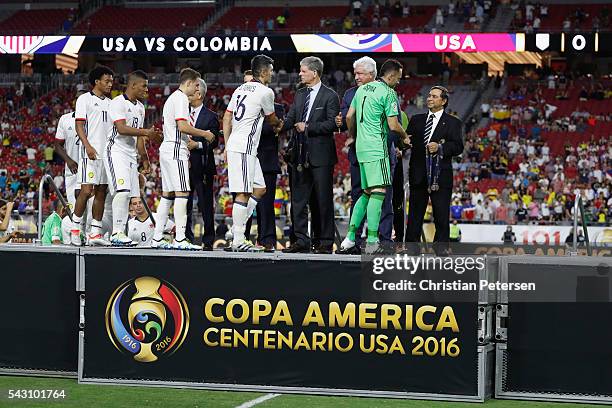 Goalkeeper David Ospina of Colombia and teammates recive their medals after defeating United States 1-0 in the 2016 Copa America Centenario third...