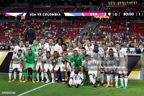 Team Colombia pose together after receiving their medals and defeating the United States 1-0 in the 2016 Copa America Centenario third place match at...