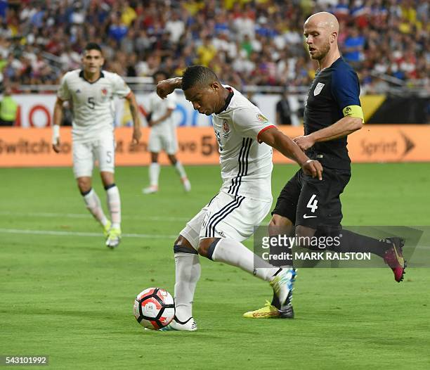 Colombia's Frank Fabra vies for the ball with USA's Michael Bradley during the Copa America Centenario third place football match in Glendale,...