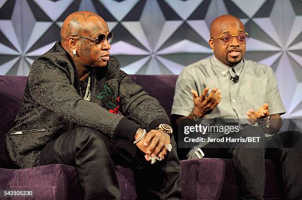 Recording artists Birdman and Jermaine Dupri speak during the Genius Talks sponsored by AT&T during the 2016 BET Experience on June 25, 2016 in Los...