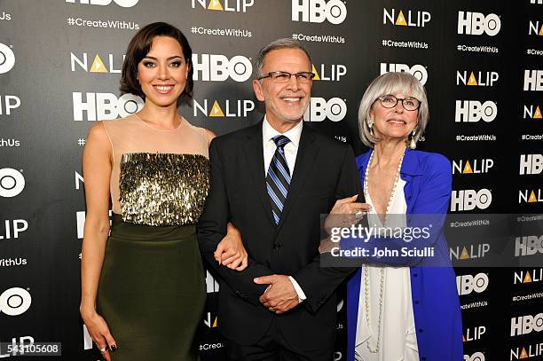 Actors Aubrey Plaza, Tony Plana, and Rita Moreno attend the NALIP 2016 Latino Media Awards at Dolby Theatre on June 25, 2016 in Hollywood, California.