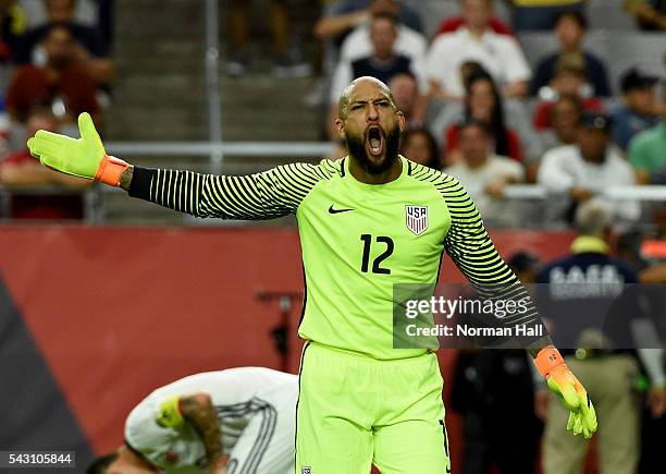 Tim Howard goalkeeper of the United States reacts after a corner kick during a third place match between United States and Colombia at University of...