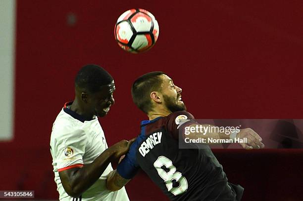 Cristian Zapata of Colombia attempts to head the ball away from Clint Dempsey of the United States net during a third place match between United...