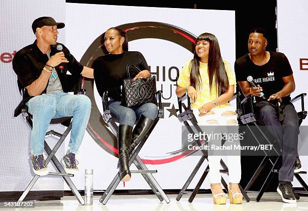 Retired NBA player Doug Christie, TV personality Jackie Christie, recording artist/TV personality Shanice, and Flex Alexander speak onstage at the...