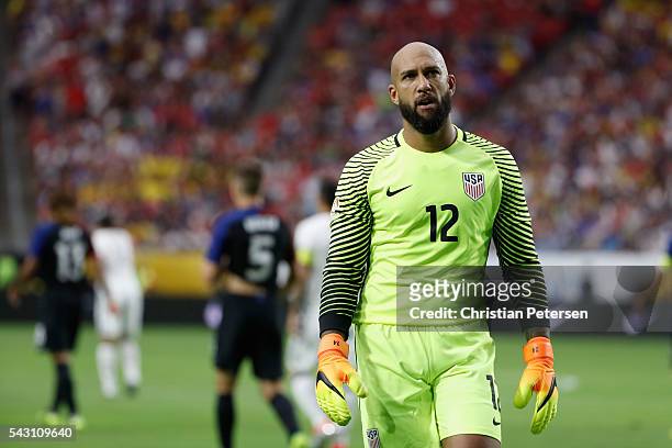 Goalkeeper Tim Howard of United States walks on the pitch during the 2016 Copa America Centenario third place match against Colombia at University of...