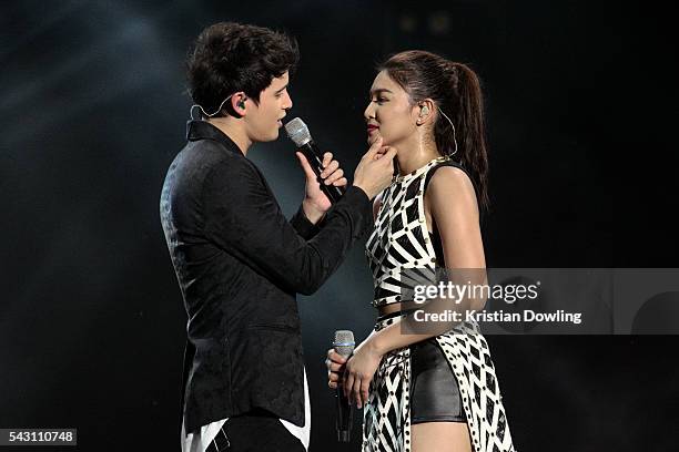 Filipino pop darlings James Reid and Nadine Lustre perform on-stage at the 2nd edition of MTV Music Evolution Manila 2016 staged at SM Mall of Asia...