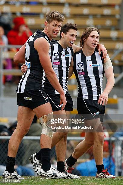 The Magpies celebrate after Gus Borthwick of the Magpies kicks a goal during the round 12 VFL match between the Collingwood Magpies and the Richmond...