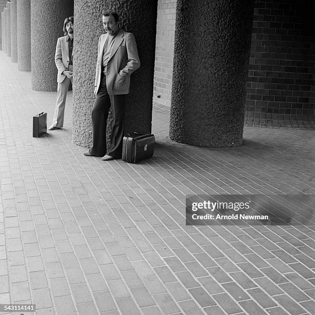 Portrait of theatre directors Trevor Nunn and Sir Peter Hall at the Barbican, London, England, June 1, 1978.