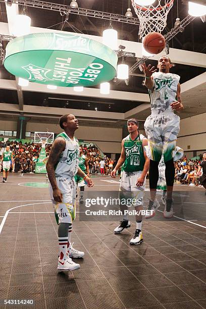 Celebrities participate in the slam dunk contest during the 2016 BET Experience on June 25, 2016 in Los Angeles, California.