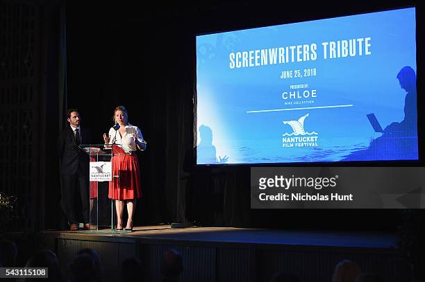 Festival Producer Bill Curran and Executive Director of the Nantucket Film Festival Mystelle Brabbee speak onstage during the Screenwriters Tribute...