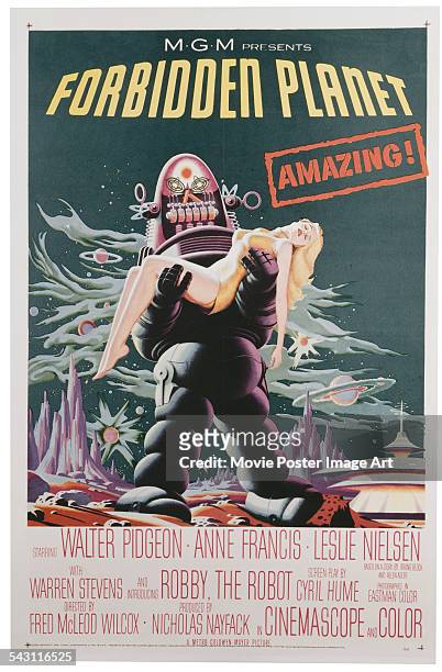 Poster for Fred M. Wilcox's 1956 science fiction film 'Forbidden Planet', featuring Robby the Robot and Anne Francis.