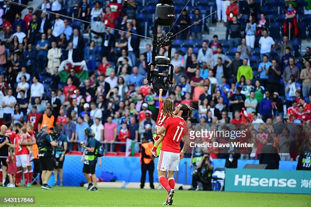 Gareth Bale of Wales and his daughter Alba Violet after the European Championship match Round of 16 between Wales and Northern Ireland at Parc des...