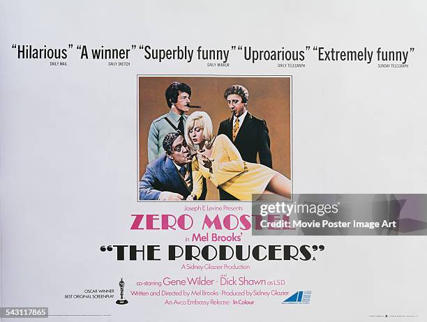 Poster for Mel Brooks' 1967 comedy film 'The Producers' starring Zero Mostel, Gene Wilder, Dick Shawn, and Lee Meredith.