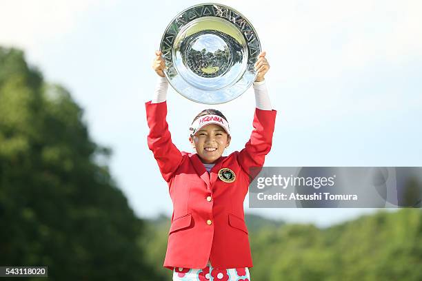 Bo-Mee Lee of South Korea poses with the plate after winning the Earth Mondamin Cup at the Camellia Hills Country Club on June 25, 2016 in Sodegaura,...