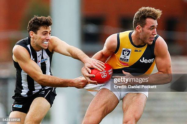 Jacob Ballard of the Tigers and Nick Gray of the Magpies compete for the ball during the round 12 VFL match between the Collingwood Magpies and the...