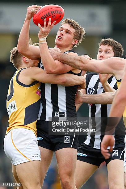 Matthew Goodyear of the Magpies is tackled during the round 12 VFL match between the Collingwood Magpies and the Richmond Tigers at Victoria Park on...