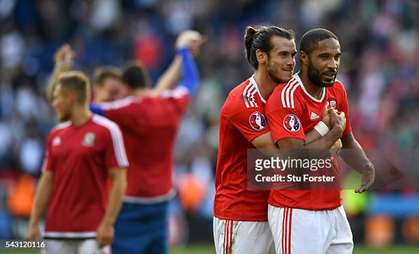 Wales players Gareth Bale and Ashley Williams celebrate after the Round of 16 UEFA Euro 2016 match between Wales and Northern Ireland at Parc des...