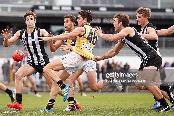 Jason Castagna of the Tigers is tackled whilst kicking for goal during the round 12 VFL match between the Collingwood Magpies and the Richmond Tigers...