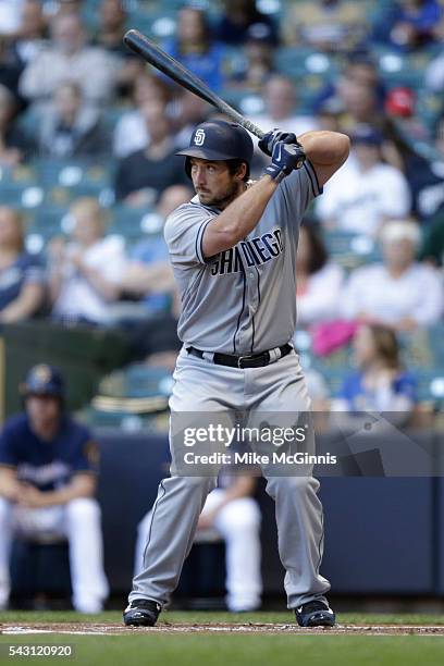 Brett Wallace of the San Diego Padres gets ready for the next pitch during the game against the Milwaukee Brewers at Miller Park on May 12, 2016 in...