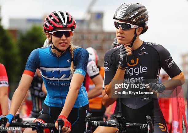 Keira McVitty of Great Britain chats to Dani King of Great Britain during the 2016 National Road Championships on June 26, 2016 in Stockton-on-Tees,...