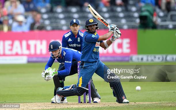 Kusal Mendis of Sri Lanka bats during the 3rd ODI Royal London One Day International match between England and Sri Lanka at The County Ground on June...
