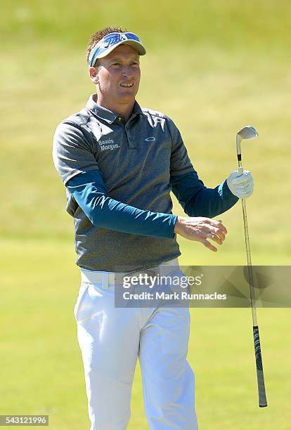 Steven Tiley of England second shot to the 1st during the final day of the 2016 SSE Scottish Hydro Challenge at the MacDonald Spey Valley Golf Course...