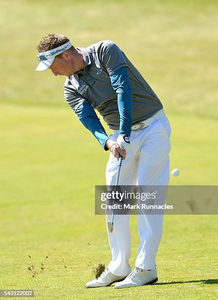 Steven Tiley of England second shot to the 1st during the final day of the 2016 SSE Scottish Hydro Challenge at the MacDonald Spey Valley Golf Course...