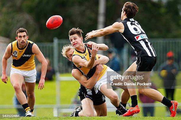 James Fletcher of the Tigers handballs whilst being tackled during the round 12 VFL match between the Collingwood Magpies and the Richmond Tigers at...