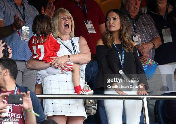 Debbie Bale, Gareth Bales' mother holding her grand-daughter Alba Bale and Emma Rhys-Jones, wife of Gareth Bale attend the UEFA EURO 2016 round of 16...