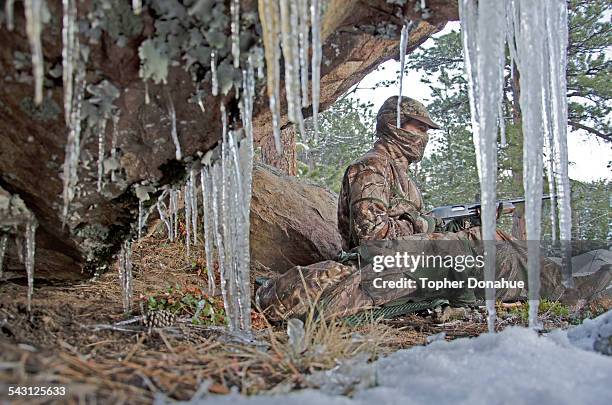 a turky hunter waits quietly on a cold morning. - turky stock pictures, royalty-free photos & images