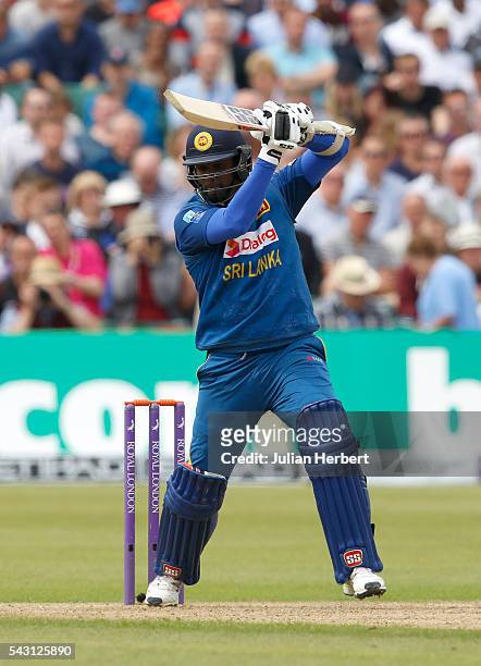Angelo Mathews of Sri Lanka hits out during The 3rd ODI Royal London One-Day match between England and Sri Lanka at The County Ground on June 26,...