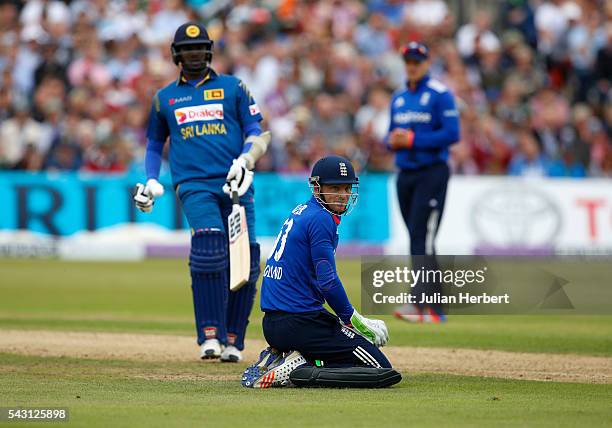 Wicketkeeper Josh Butler of England looks on as the ball heads to the boundary during The 3rd ODI Royal London One-Day match between England and Sri...