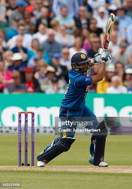 Kusal Mendis of Sri Lanka hits out during The 3rd ODI Royal London One-Day match between England and Sri Lanka at The County Ground on June 26, 2016...