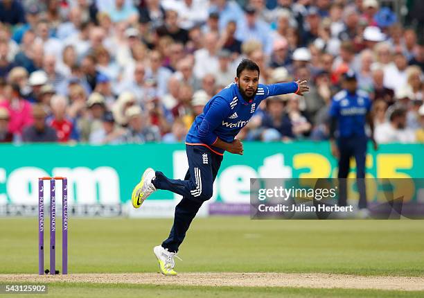 Adil Rashid of England bowls during The 3rd ODI Royal London One-Day match between England and Sri Lanka at The County Ground on June 26, 2016 in...